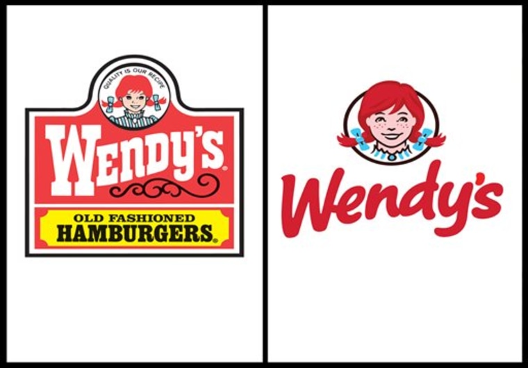 On the left, the old Wendy's logo. On the right, the new logo with updated lettering and restyled pigtails. 